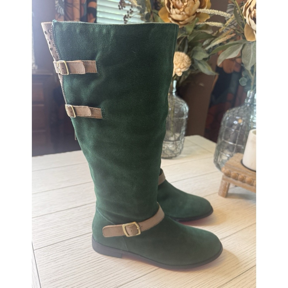 TWIGGY LONDON Hunter Green & Tan Suede Leather 2 Zipper Boots W/ Buckles. 6.5 M